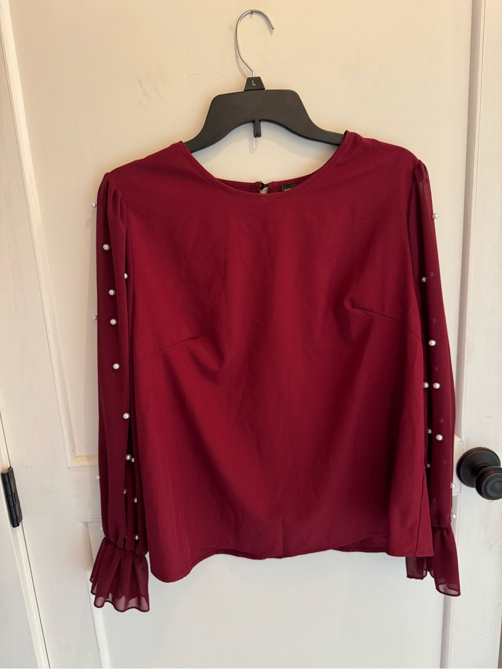 Women's Pearl-Accent Long Sheer Sleeve Top - Burgundy